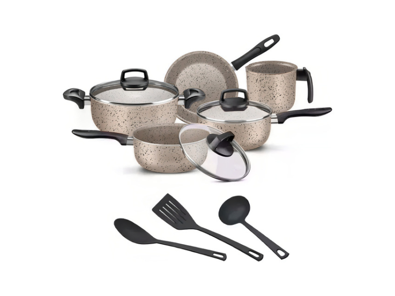 Jogo De Panelas 8 Peças Teflon Antiaderente C Tampa De Vidro Cor Vanilla Ceramic