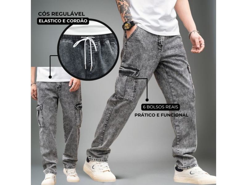 Calça Jeans Cargo Baggy Masculina Streetwear Mesclada P A Gg